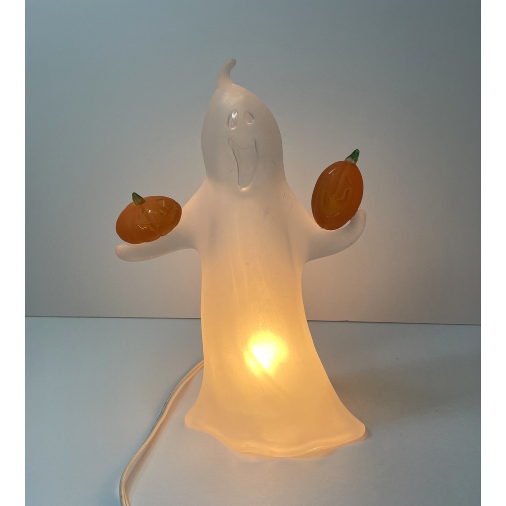 Vintage HALLOWEEN LIGHT UP GHOST WITH PUMPKINS Frosted Acrylic 10" x 5"